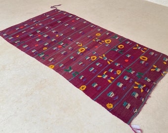 Vintage moroccan textile - 4.1x8.3feet / 127x252cm - Handmade textile, cool light kilim rug, purple with colorful tuffed designs