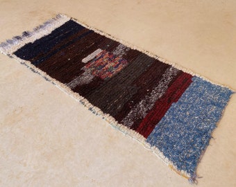 Vintage moroccan rug - Cotton Boucherouite - 2.8x6.8feet / 87x207cm - Handmade, dark abstract runner rug in black, white, blue jean