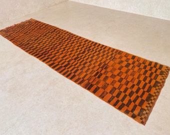 Vintage moroccan runner rug - Boujad - 3.8x12.8feet / 115x390cm - Wabi sabi, cool long checkered runner rug in orange and brown