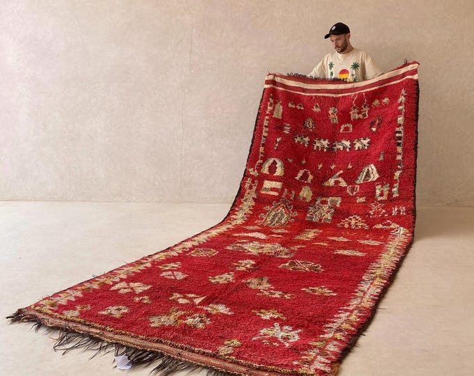 Entrega con impuestos pagados - Alfombra marroquí Rehamna vintage: diseño tribal, lana roja, 155 x 380 cm