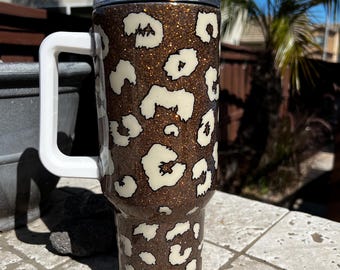 40oz Leopard Gold Brown Glitter Tumbler | Stanley-Style Cup with Handle & Straw