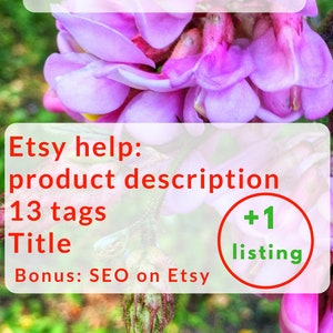 以下が含まれることがあります： 紫色の花と「Etsy help: product description 13 tags Title Bonus: SEO on Etsy +1 listing Svetlana Prokhoroyskaya www.etsy.com/shop/howtosellcrafts」というテキストが書かれたグラフィック