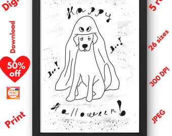 Happy Halloween digital print. Funny dog print Labrador dog lover gift. Printable wall art cute ghost print, spooky print digital download