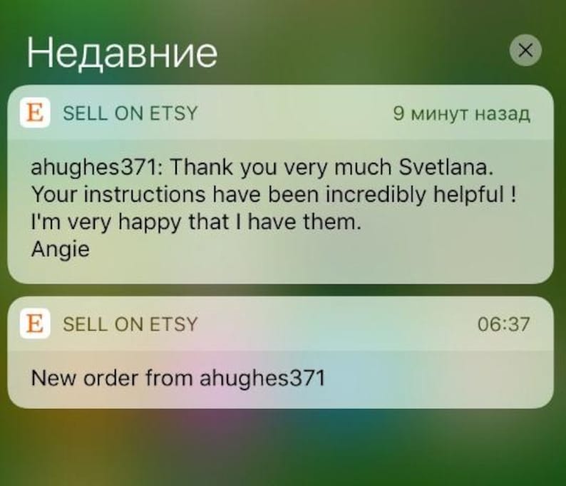 May include: Screenshot of an Etsy app notification. The notification says "New order from ahughes371" and "Thank you very much Svetlana. Your instructions have been incredibly helpful! I'm very happy that I have them. Angie".