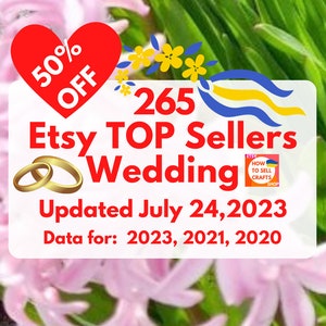 May include: A pink and green floral background with a red heart that says 50% off. The text "265 Etsy TOP Sellers Wedding" is in red and white. The text "Updated July 24, 2023" is in white. The text "Data for: 2023, 2021, 2020" is in white. The text "Svitlana Prokhorivska" is in white. The text "www.etsy.com/shop/HowToSellCrafts" is in white.