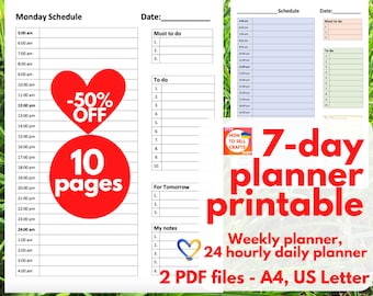 7-Day Daily Planner Printable: Hourly Schedule, Work From Home planner PDF