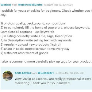 May include: A screenshot of a social media post with tips for Etsy sellers. The post includes a checklist for beginners on how to improve their Etsy shop, including tips on photos, keywords, and social media. The post also includes a comment from another user praising the author's advice.