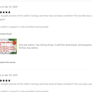 May include: A screenshot of an Etsy review for a digital download product. The review is positive and mentions that the seller's support is excellent. The product is a set of three PDF files containing lists of top Etsy sellers. The product description mentions that the files include photography, downloads, and 50 Etsy top sellers.