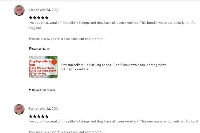 May include: A screenshot of an Etsy review for a digital download product. The review is positive and mentions that the seller's support is excellent. The product is a set of three PDF files containing lists of top Etsy sellers. The product description mentions that the files include photography, downloads, and 50 Etsy top sellers.