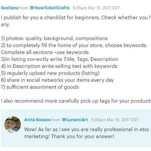 May include: A screenshot of a social media post with tips for Etsy sellers. The post includes a checklist for beginners on how to improve their Etsy shop, including taking high-quality photos, using keywords, and writing compelling product descriptions.