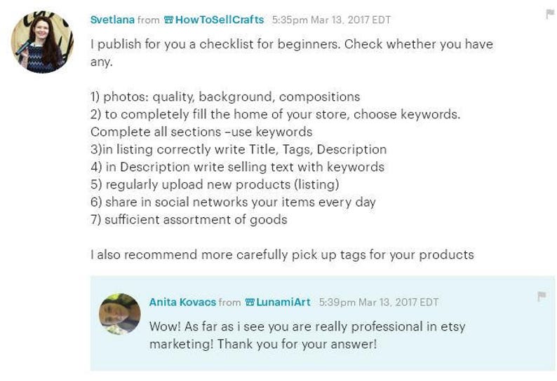 May include: A screenshot of a social media post with tips for Etsy sellers. The post includes a checklist for beginners on how to improve their Etsy shop, including taking high-quality photos, using keywords, and writing compelling product descriptions.
