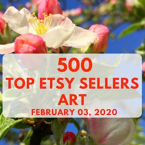 Puede incluir: Un gráfico con una flor rosa y blanca sobre un cielo azul. El texto dice "Etsy 500 Top Etsy Sellers Art Febrero 03, 2020 Svetlana Prokhoroyskaya www.etsy.com/shop/howtosellcrafts".