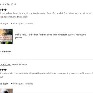 May include: Two Etsy shop reviews with five-star ratings. The first review says "Just got started on these lists, which arrived as described. So much information for the price - I am truly grateful, and would recommend this seller!" The second review says "Clear directions with this purchase along with great advice for those getting started on Pinterest. Worth the purchase!"