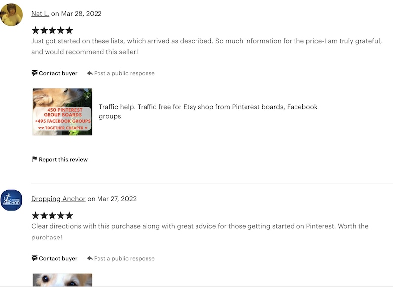 May include: Two Etsy shop reviews with five-star ratings. The first review says "Just got started on these lists, which arrived as described. So much information for the price - I am truly grateful, and would recommend this seller!" The second review says "Clear directions with this purchase along with great advice for those getting started on Pinterest. Worth the purchase!"