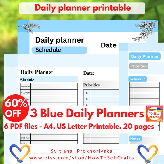 Daily planner. 3 Simple planner set, printable planner. 24 hourly planner. Minimalist planner, work from home planner, blue planner fillable