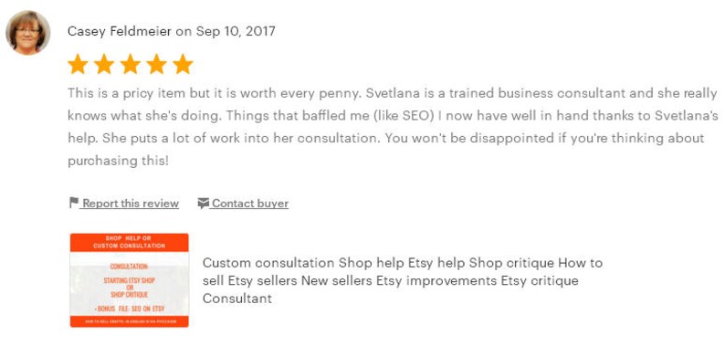 May include: A customer review from September 10, 2017, with a five-star rating. The review praises a business consultant for their SEO help. A small graphic with text about Etsy shop consultation is also visible.