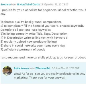 以下が含まれることがあります： Etsyセラー向けのソーシャルメディア投稿のスクリーンショット。投稿には、Etsyショップの改善方法に関する初心者向けのチェックリストが含まれており、商品写真、商品説明、ソーシャルメディアマーケティングに関するヒントが記載されています。投稿には、別のEtsyセラーからの、投稿者のアドバイスに対する称賛コメントも含まれています。