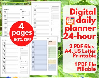 24 Hour Daily Planner. Work from Home planner printable fillable - A4, US Letter Size (PDF)