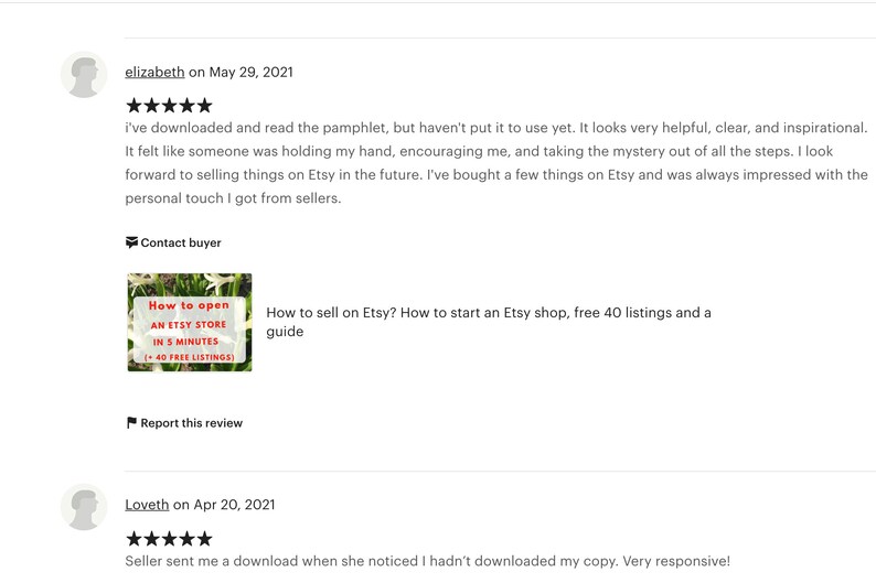 May include: A screenshot of an Etsy review for a guide on how to open an Etsy store. The review is positive and mentions that the guide is helpful, clear, and inspirational. The reviewer also mentions that they were impressed with the personal touch they received from the seller.