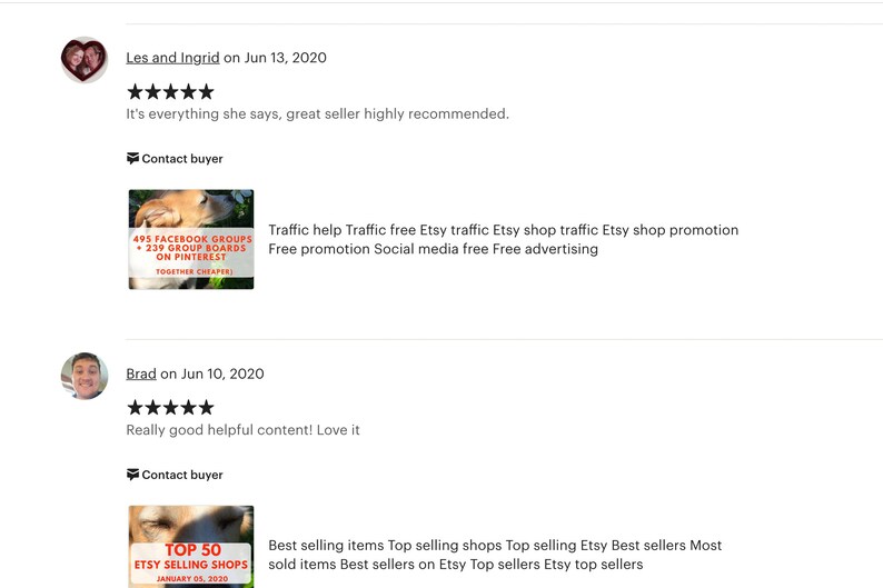 May include: Two Etsy shop reviews with five-star ratings. The first review says "It's everything she says, great seller highly recommended." The second review says "Really good helpful content! Love it."