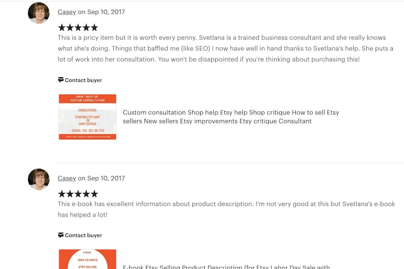 May include: Two Etsy shop reviews with five-star ratings. The first review is for a consultation service with the text "Custom consultation Shop help Etsy help Shop critique How to sell Etsy sellers New sellers Etsy improvements Etsy critique Consultant". The second review is for an e-book with the text "Ebook Etsy Selling Product Description (for Etsy Labor Day Sale with".