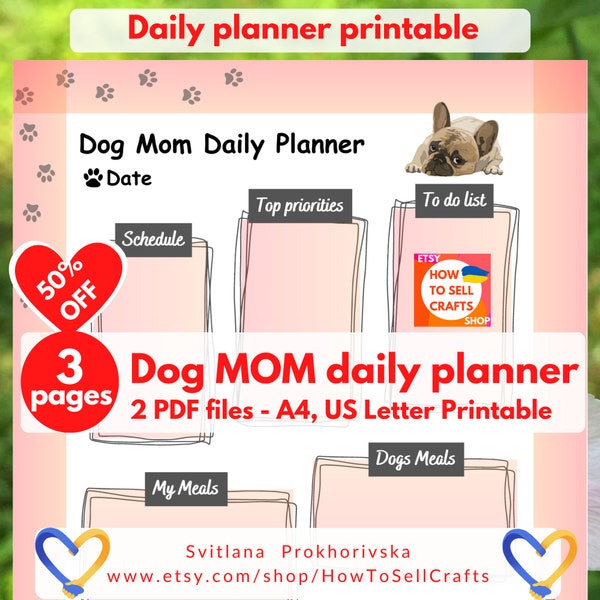 Dog Mom gift, dog lover gift. Dog mom daily planner French bulldog. PDF Daily planner printable fillable, bulldog planner, orange planner