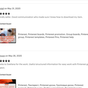 May include: A screenshot of two Etsy reviews for a digital product about Pinterest group boards. The first review is from Crystal on May 31, 2020, and the second review is from Semyon on May 26, 2020. Both reviews are positive and mention the product's helpfulness.