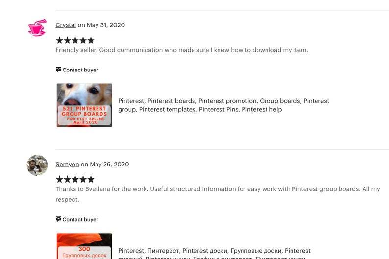 May include: A screenshot of two Etsy reviews for a digital product about Pinterest group boards. The first review is from Crystal on May 31, 2020, and the second review is from Semyon on May 26, 2020. Both reviews are positive and mention the product's helpfulness.