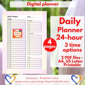 24 hour daily planner printable simple planner pink PDF. To do list printable, daily schedule. Work from home planner, planners for women
