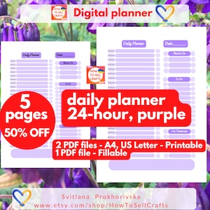 Daily planner purple 24 hourly planner. Work from home planner. Home office planner