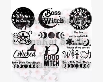 11 Witch Digital Files 1 of 4 SVG PNG JPEG Wicked Pentacles Goddess Moon Black Cat Magic magick tarot occult Pagan Dreamcatcher sage tree