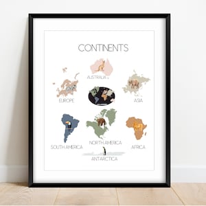 Continents, Educational Poster, Educational Prints, Boho Educational Wall Art