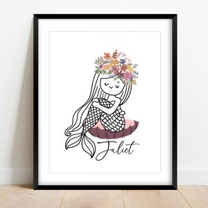 Custom Nursery Print, Mermaid, Flower Crown, Custom Name Digital Art, Printable Art For Girls