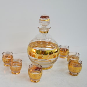 Mid-Century Czech Bohemian  Barware Set. Liquor Decanter and Six Small Glasses. Made in Czechoslovakia in the 1960s-1970s.