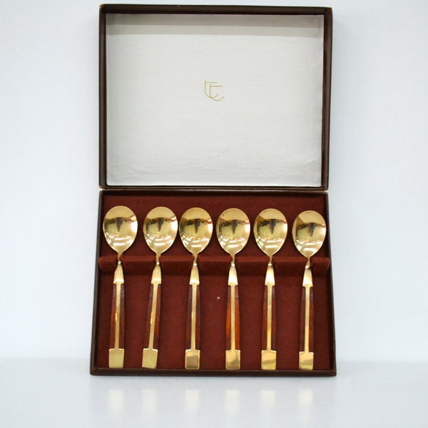 Set of  Six Brass and Teak Tea Spoons by Jean Claude in Original Box. Product of Thailand. Vintage from the 1970 -1980s.