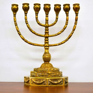 Seven Branched Brass Menorah. Pedestal Base Decorated with Floral Reliefs. Resembles Temple Menorahs Made in Eskilstuna, Sweden. Antique.