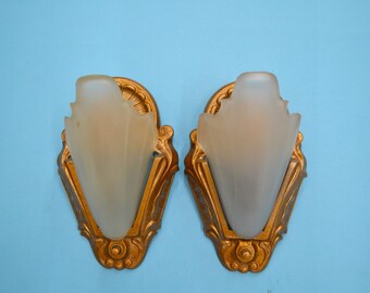 Pair of Art Deco Slip Shade Sconces. Manufactured in the USA by the C.F.C. Co.  Stamped CFC 2710. Vintage from the 1910s-1920s.