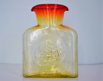 Square Shaped Kanawha Amberina Double Spout Carafe. Tall Ship Image Pressed on Each Side. Made in USA. Mid Century Vintage.