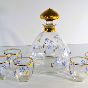 Mid-Century Hand Painted Barware Set: Floral Decanter & Glasses