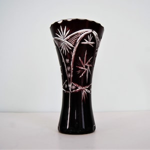 Bohemian Ruby Cut to Clear Glass Vase.  Midcentury Vintage. Hand Cut.