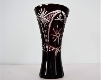 Bohemian Ruby Cut to Clear Glass Vase.  Midcentury Vintage. Hand Cut.