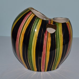 Basket Shaped Vase By Belgian Ceramist Hubert Bequet. Hand Painted. Quaregnon Belgian Pottery Circa 1950s -60s.