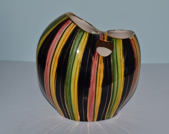 Basket Shaped Vase By Belgian Ceramist Hubert Bequet. Hand Painted. Quaregnon Belgian Pottery Circa 1950s -60s.