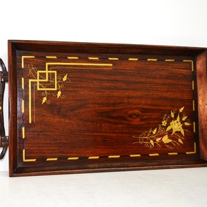 Rectangular Brass & Copper Inlaid Wooden Tray with Carved Handles. Boulle Style Marquetry Decor. Vintage