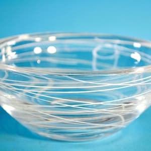 Scandinavian Art Glass Bowl. Designed by Vicke Lindstrand for Kosta, Sweden. Fused White Glass Decor. MCM Vintage. Signed.
