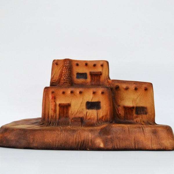 Traditional Pueblo House Leather Covered Sculpture by Tannereye Company PEI, Canada. Vintage from the 1980s. Stamped, Signed and Numbered.