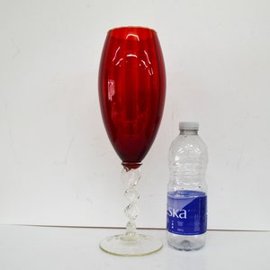 Large Twisted Stem Red Ribbed Optic Pedestal Vase. Emboli Glass, Italy Style. Midcentury Vintage