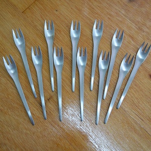 Set of Twelve Stainless Steel  Dessert Forks by Guy Degrenne. Satin Finish. Original Box. Midcentury Vintage.