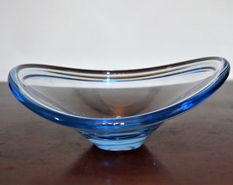 Holmegaard Blue Glass Oval Bowl. Vintage from the 50s. Made in Denmark.   Designed by Per Lutken. Signed Holmegaard 1955 PL
