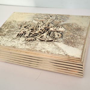 Silver Plated Cigar Box with Embossed Hinged Metal Lid. Teak Wood Lining. Decorated by Embossed Rural Life Scene. Made in Denmark. Vintage.